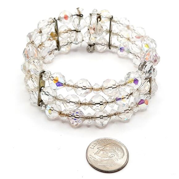 Vintage 1950s Aurora Borealis Crystal Beaded Bracelet, 3-Row Memory Wire Jewelry - Picture 11 of 11